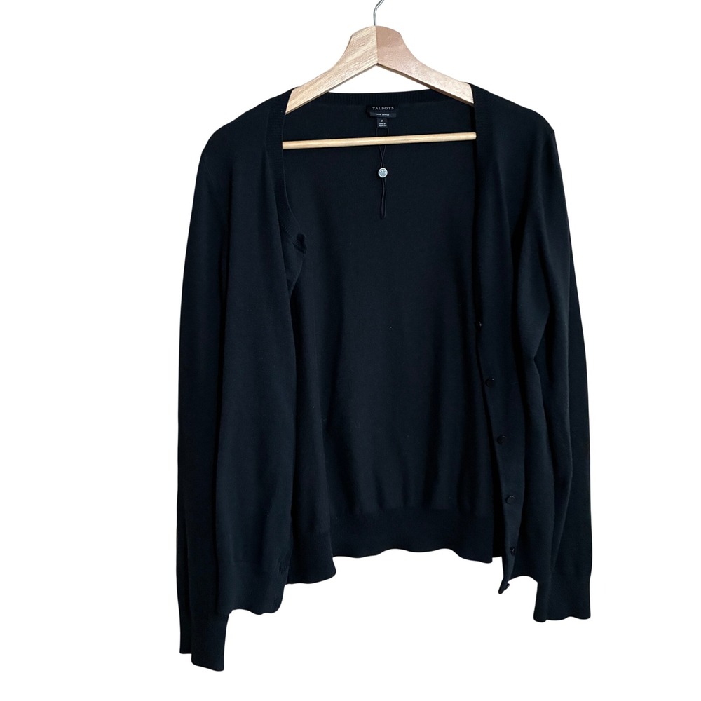 Talbots Pima Cotton Button Cardigan Size M Black Womens Stretch Knit Sweater